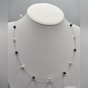 Floating Black & White Freshwater Pearl Necklace 17" Sterling Silver 925 Wire